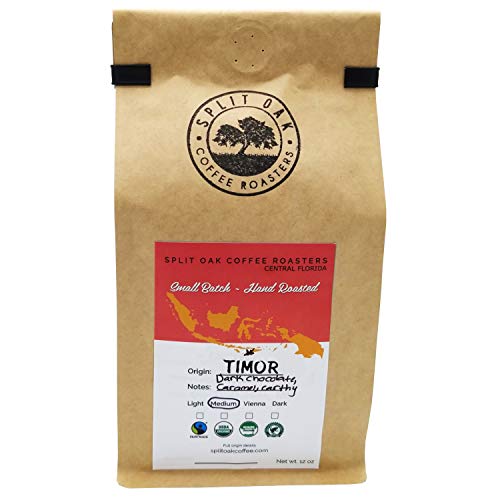 Organic Timor Roasted Whole Coffee Beans 12oz, Medium Roasted Coffee, Syrupy Notes, Dark chocolate, Roasted Fresh By Hand, Small Batches, Fair Trade, Perfectly Balanced Taste. (Single)