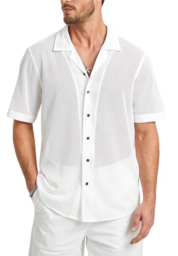 HISDERN Men's Summer Mesh Shirts White Casual Short Sleeve See Through Sheer Shirts Fishnet Button Down Beach Shirt Mens Collared Sexy Lace Shirt