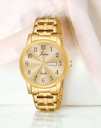 Image of jainx Metal Premium Golden Chain Day and Date Feature Analog Wrist Watch for Men (Black /Golden Color Dial)