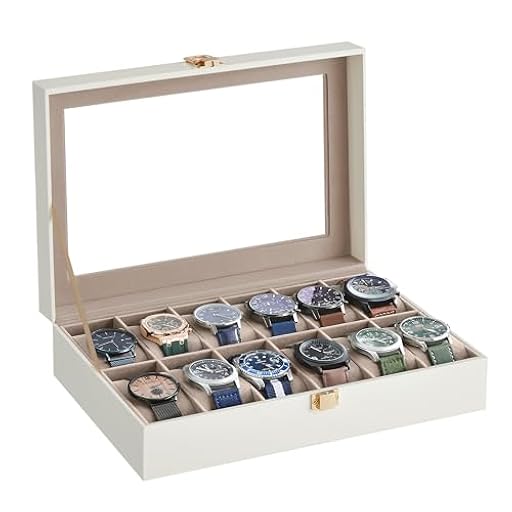 SONGMICS Caja de Relojes con 12 Compartimentos, Estuche de Relojes con Tapa de Cristal, Cojín Extraíble, Cierre Metálico, Regalo, Cuero Sintético Blanco Nube y Forro Beige Capuchino JWB120W01 | Ya disponible en tu tienda friki favorita! En mundofriki.es!