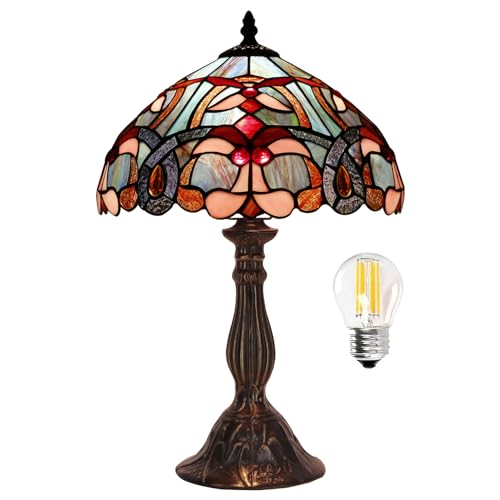 Image of WERFACTORY Tiffany Lamp Blue Pink Stained Glass Table Lamp 18 Inch Tall