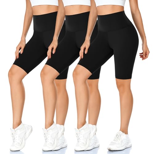 Image of MOREFEEL 3 Pack 8 inch High Waisted Biker Shorts for Women, Casual Summer Knee Length Tummy Control Running Athletic Yoga Shorts