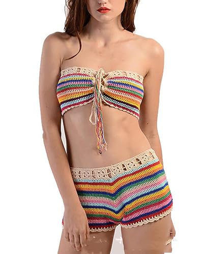 BAIMORE Women's 2 Piece Swimsuit Rainbow Crochet Knit Bohemian Bra and Mini Shorts Bikini Set
