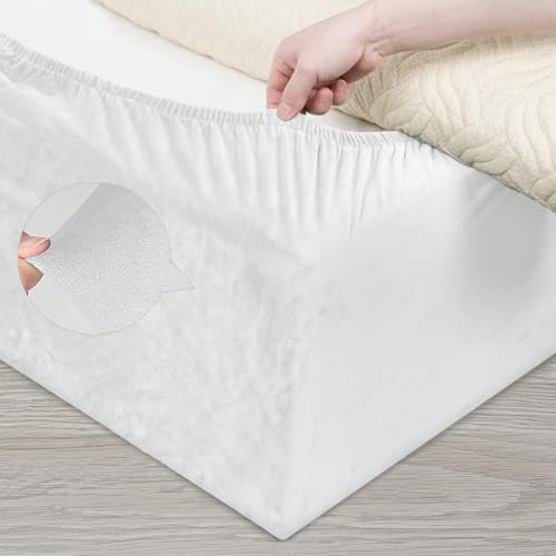 DUJUIKE Stretch Samt Boxspring Abdeckung zum Umwickeln, Alternative zum Traditionellen Volant Bettrock, Einfach Anzubringen (Weiß, Queen Bed Width:150-160cm)