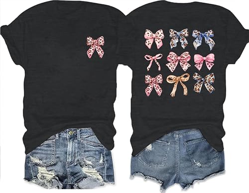 Image of Bow Leopard Shirt for Women Cheetah T-Shirts for Women Bow Graphic Tees Short Sleeve Aesthetic Tee Top