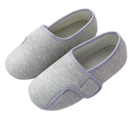 iEasey Zapatillas de casa para mujer y niña de algodón con cierre de velcro ajustables, cómodas, ligeras, de felpa, con suela de goma antideslizante, zapatillas para artritis, edema, diabéticos, gris