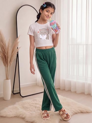 Image of Li'l Tomatoes Girls Cotton Track Pants | Soft & Comfortable Casual Summer Lower for Girls | Elastic Waist with Drawstring Everyday Wear | Side Stripe Straight Fit Trackpant | 9-16 Years |