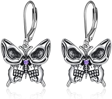 Retro Skull Butterfly Earrings for Women Vintage Flat Skull Dangle Leverback Earrings with Simulated Amethyst Stone Halloween Jewelry Gifts for Teen Girls