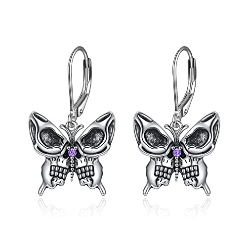 Retro Skull Butterfly Earrings For Women Vintage Flat Skull Dangle Leverback Earrings With Simulated Amethyst Stone Halloween Jewelry Gifts For Teen Girls #TOP13
