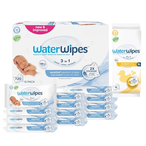 Image of WaterWipes Bundle, Original 720 Count (12 packs) & XL Bathing Wipes 16 Count (1 pack), Plastic-Free, 99.9% Water Based Wipes, Unscented, Hypoallergenic for Sensitive Skin, Packaging May Vary