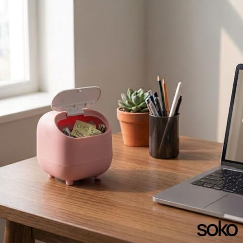 Image of Soko Cute Portable Mini Trash Can, Small One-Key Press Plastic Fancy Desktop Dustbin Waste /Garbage Disposal for Home, Office, Bathroom, Bedroom, Kitchen, Work, Study Table - Pink