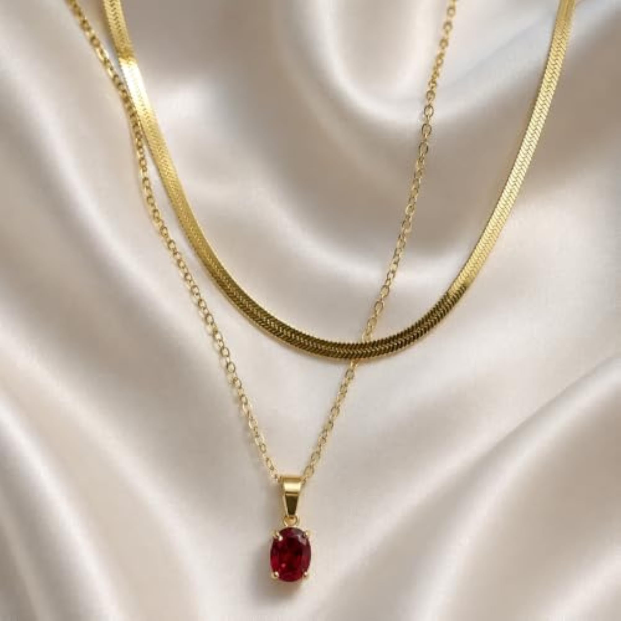 Ruby Red Stone Snake Chain Layered Necklace for Women