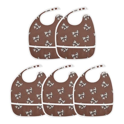 Baby Bibs for Boy and Girls 5 Pack Cotton Adjustable Newborn Bibs for Drooling & Teething, Cow Print Bows Brown3