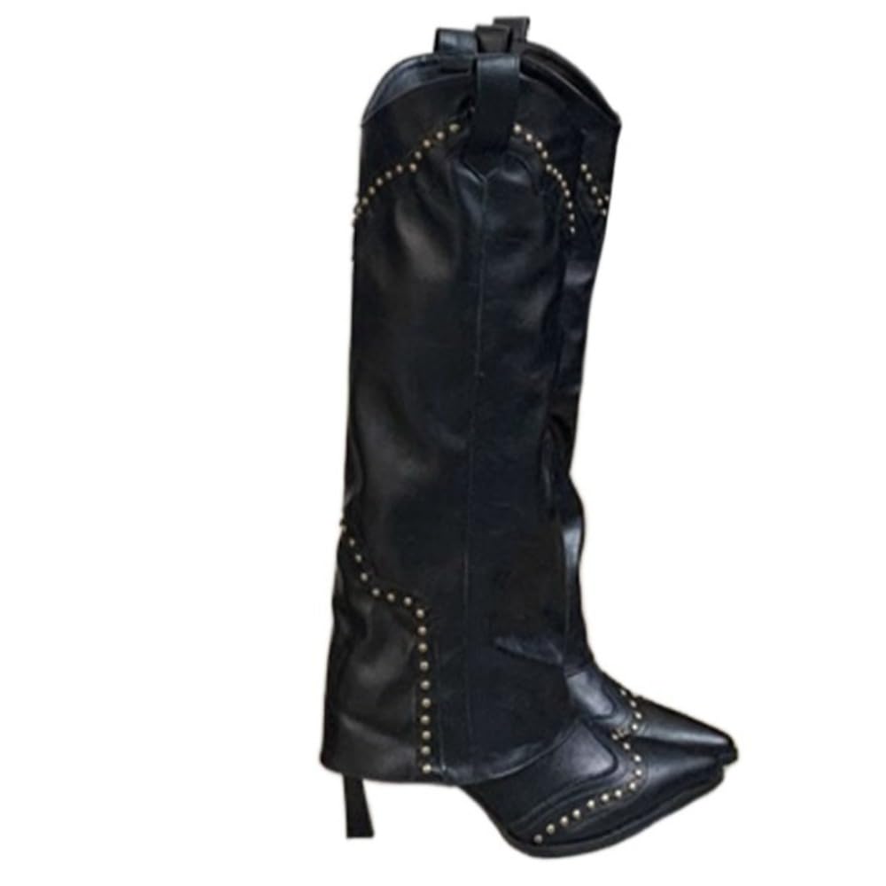 Shark Boots for Women Pointed Toe Pull-On Western Cowboy Boots with Kitten Heel and Studded Detailing Retro Chic