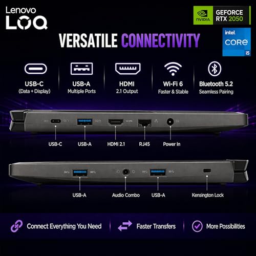 Image of Lenovo LOQ Essential Gaming Laptop, 15.6 inch FHD 144Hz Display, 8-core Intel Core i5-12450HX, 32GB DDR5, 1TB PCIe SSD, GeForce RTX 2050, HDMI, Wi-Fi 6, RJ-45, Card Reader, Windows 11, Non-Backlit