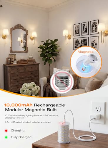Image of CLOUDY BAY 10000mAh Battery Operated Wall Sconces,Up to 100 Hours with Rechargeable RGB Dimmable Magnetic Bulb,Cordless Wall Lighting Fixtures with Remote for Bedroom,Soft Gold,2 Pack-15.4in