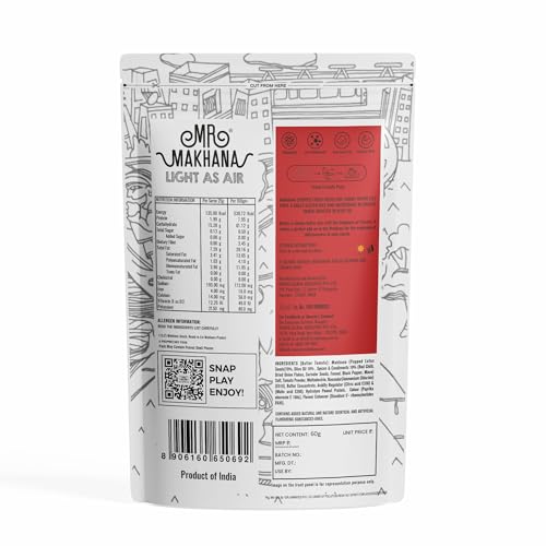 Image of Mr. Makhana Roasted Makhana and Foxnuts | Healthy Snacks | Gluten Free | MSG Free | Antioxidant | Rich Calcium | Zero Trans Fat | Zero cholesterol (Butter Tomato, 55G)