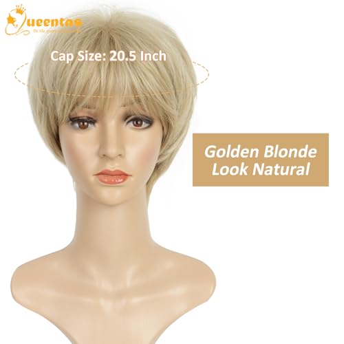 Image of QUEENTAS 8 Inch Pixie Cut Layered Short Blonde Wigs for Women with Bangs, Light Golden Blonde Synthetic Hair Wig for Daily Commute, Running & Cosplay (Light Golden Blonde)