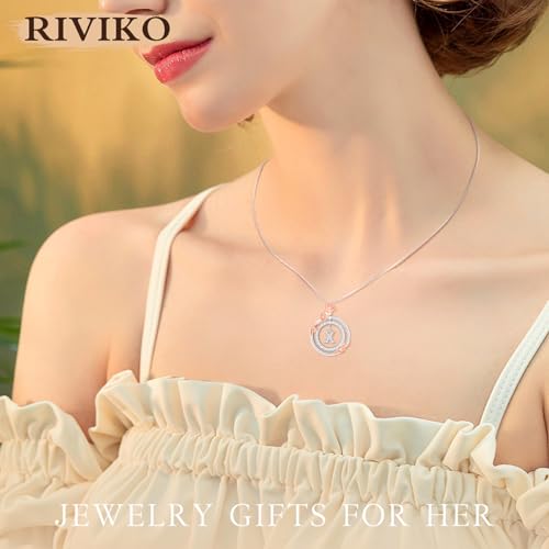 RIVIKO Graduation Gifts for Her,925 Sterling Silver Rose Circle Initial Necklaces,Initial Letter Pendant Necklaces Personalized Jewelry Anniversary Christmas Birthday Gifts for Her Mom Wife Girlfriend4