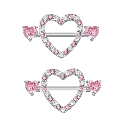 Kokoma 14G Pink Crystal Love Heart Nipple Rings for Women Cubic Zirconia Heart Nipplerings Nipple Piercing Shield Barbell Sexy Body Piercing Jewelry