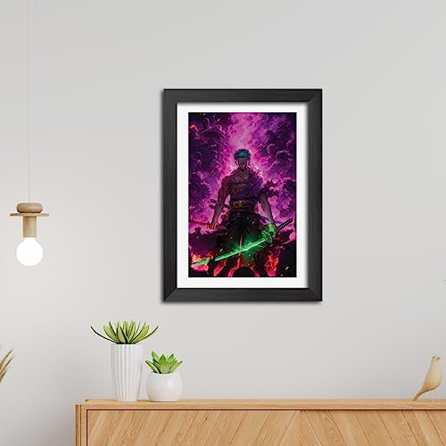 Image of TenorArts Zoro Posters One Piece Anime Poster Laminated Photo Frame Painting with Matt Finish Black Textures (12inches x 9inches)