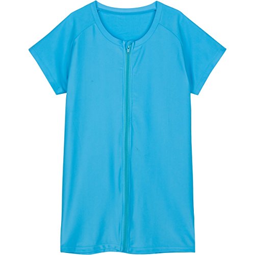 SwimZip Women's Short Sleeve Rash Guard Zip Swim Shirt SPF 50+ Turquoise Medium