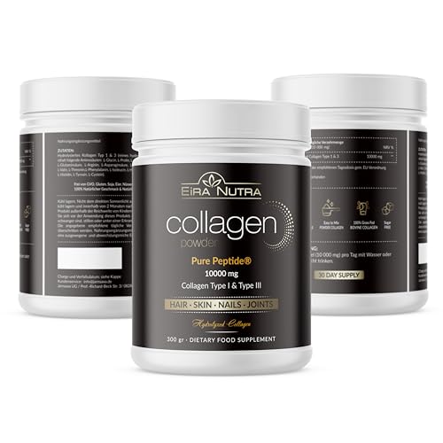 Eira Nutra Polvo de colágeno - Alta dosis 10000 mg por porción, Tipo 1 y 3 Péptidos Hidrolizados, De Ganado Con Hierba, Sin OGM, Apoya la piel, Cabello, Uñas y Articulaciones, 30 Días de Stock