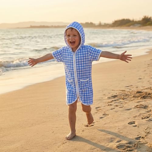 Image of Girls Boys Hooded Terry Coverups One Piece Swimsuits Summer Striped Trim Zip Up Short Sleeve Swim Cover Up Beachwear