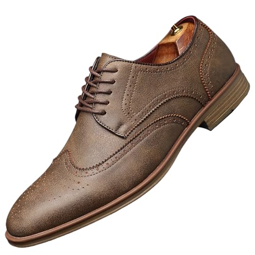 Men's Brogue Wingtip Dress Oxford Shoes Retro Round Head Stitching Two-Color Perforated Lace-Up Chunky Heel Business Formal Shoes Casual Comfortable Work Shoes