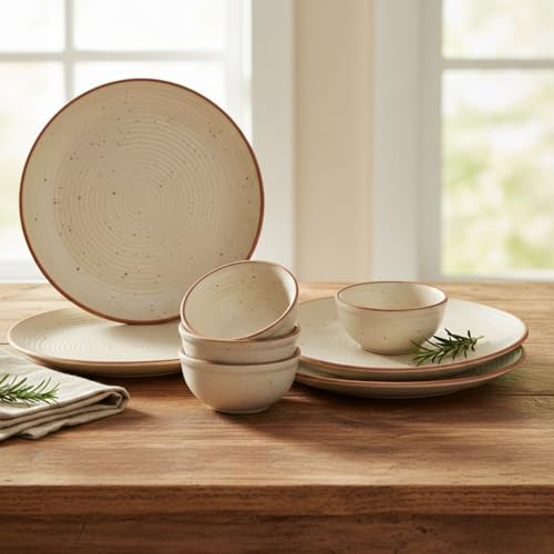 Image of Freakway Cream Matte Finish Handcrafted Dinner Set Ceramic Stoneware Dinner Set of 8 Pieces | 4 Dinner Plates & 4 Serving Bowl | Dishwasher & Microwave Safe - Off White