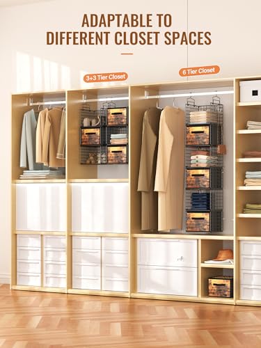 Closet Hanging Organizer with Drawers, 6 Tier Metal Closet Organizers and Storage with 4 Hanging Hooks 4 S-Hooks for Wardrobe Laundry Room, Wire Storage Shelf for Clothes Sweaters Pants (Black) - Image 6