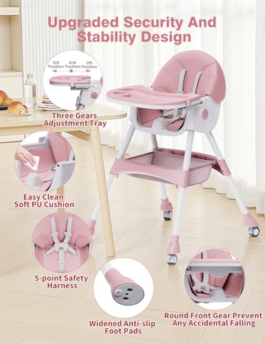 Image of High Chairs for Babies and Toddlers, 4 in 1 Convertible Baby High Chair, Portable High Chair for Travel with Adjustable Height and Back, Foldable HighChair with Wheels& Pu Cushion