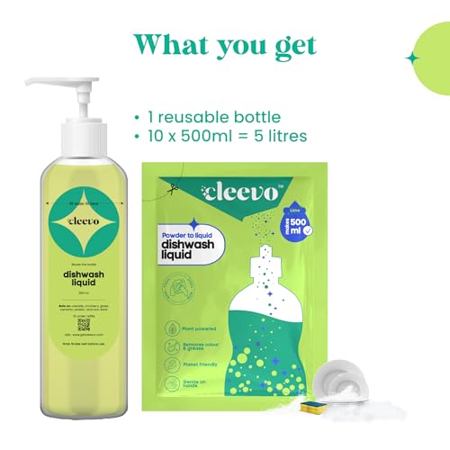 Image of Cleevo Dishwash Liquid Gel 5L Bottle Pack (10 Sachets make 5Litres) |Powder to Liquid| Removes Oil & Burnt Residue | Non-Toxic, Kids & Pet Safe Dish Cleaner (Lime)