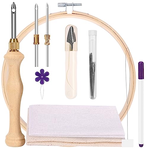 Pllieay 19 Pieces Punch Needle Starter Kit with Embroidery Hoop, Adjustable Wooden Needle Punch, Tufting Cloth, Rug Hooking Beginner Kit for Beginner Embroidery Floss Cross Stitching