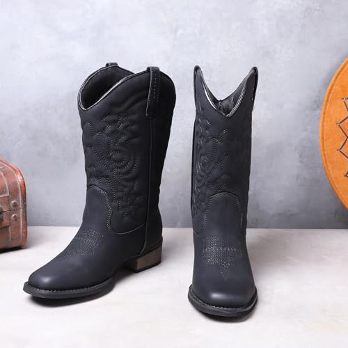 Image of ZOKSOVE Women's Cowboy Western Boots - Square Toe Wide Calf Boots - Low Heels Short Mid Calf Booties Shoes