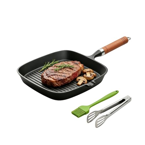JSY Sun Cast Iron Grill Pan, 9 Inch Griddle Pan Skillet with Kitchen Tong & Brush