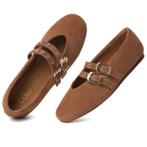 GOUPSKY BrownSuede Mary Jane Shoes for Women Mesh Ballet Flats with Adjustable Double Buckle Strap Comfortable Slip On Dress Shoes for Daily Size 9.5