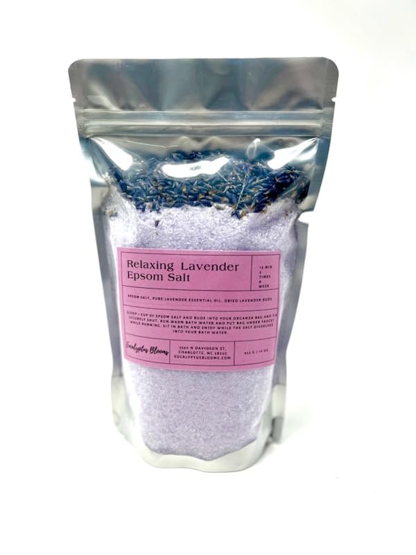 Relaxing Lavender Epsom Salt with Lavender Buds, Bath Soak 100% Epsom Salt, 2 Pound Bag Naturally Scented Oils, USA Sourced and Packaged, Resealable Bag for Freshenss