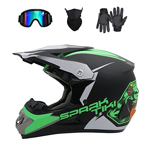 Motocross Helmet,Outdoor Full Face Dirt Bike Helmets ATV Offroad Adult Youth Motorcycle Helmet SUV Dirt Bike Mountain Bike Helmet DOT Unisex Offroad Helmet (4 Piece Set) (Green, Large)