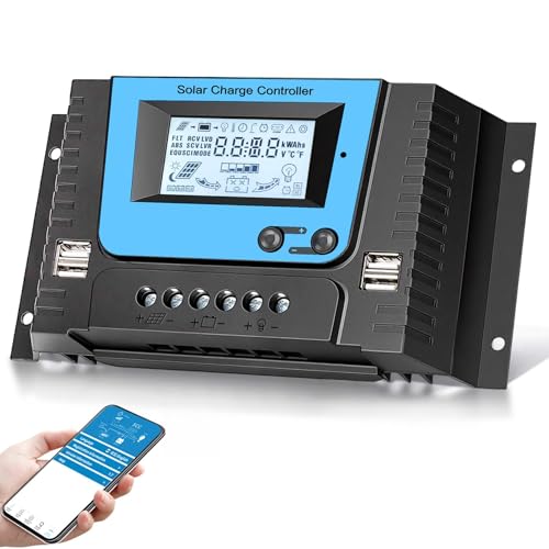 Image of 30A Solar Charge Controller with Bluetooth, PWM 30A Solar Controller 12V 24V 36V 48V with 4 USB Ports, Backlit Display, Regulator for Solar Panels Compatible with Lithium, Lead-Acid, Gel Battery