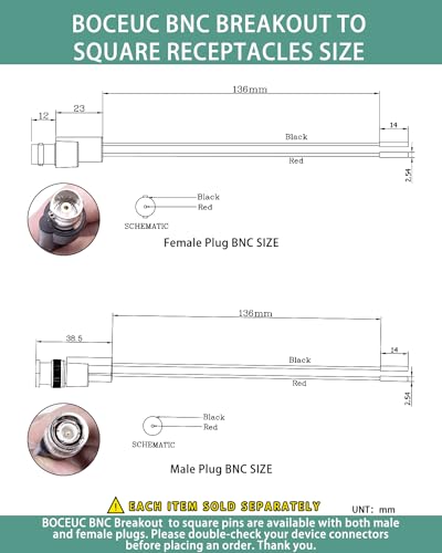 Image of BNC Test Leads, BNC (F) to Square Pin Receptacles, Test Lead Breakout Cable for Multimeter, 5A Current Rating, 2 Pack