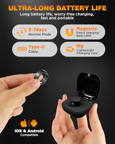 Image of Smart Ring Health Tracker with Charging Case,Sleep,Heart Rate & Blood Oxygen Monitor, 5ATM+IP68 Waterproof Fitness Ring, No Subscription,3-7Day Battery,iOS & Android Compatible for Men Women Black 9#