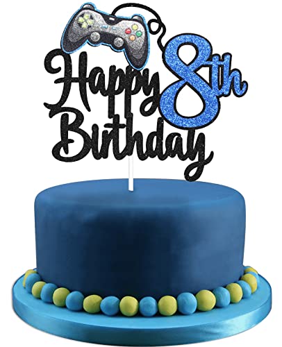 Video Game Happy 8th Birthday Cake Topper - Video Game Boy's 8th Birthday Party Blue Cake Supplies - Game On Level Up Winner Party Decoration