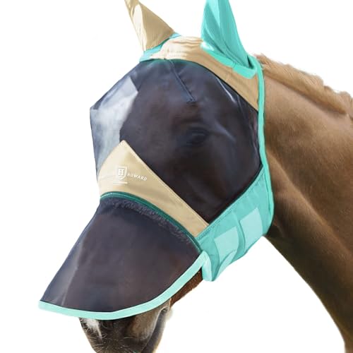 Harrison Howard Pro Luminous Horse Fly Mask Long Nose with Ears UV Protection for Horse Champagne Gold/Mint Small Pony