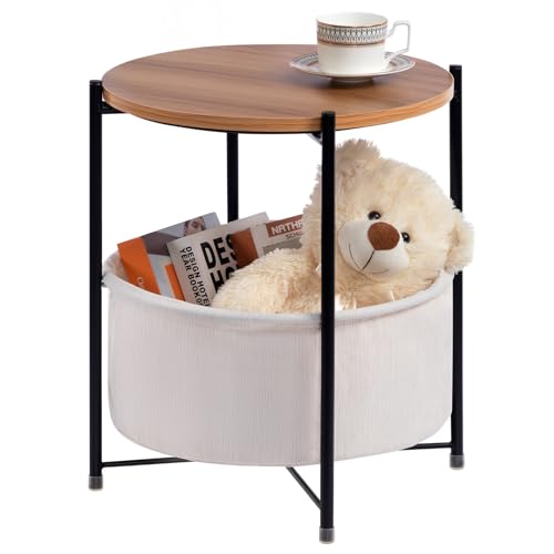 HollyHOME Table D'appoint Ronde Petite Table Basse avec Panier en Tissu Salon Balcon Tables de Canapé Chambre à Coucher, Noyer Claire
