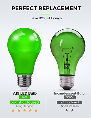 Image of L LOHAS LED Green LED Light Bulbs, A19 9W (60W Equivalent) Christmas Green Colored Light Bulb Indoor, E26 Base, Non-Dim, 4 Pack