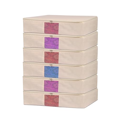 Image of TAKIVA Cotton Canvas Saree Storage Bags (Pack of 6) | Cotton Bags for Clothes Storage | Bags for Storing Clothes and Blankets (Off White)