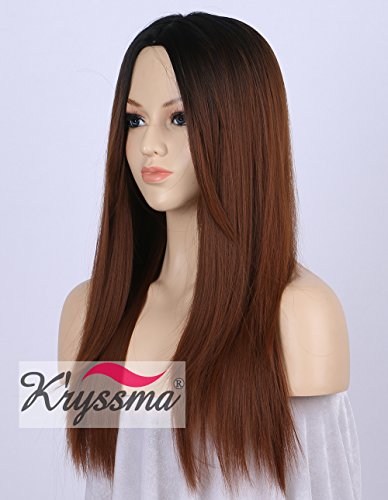 K’ryssma Ombre Synthetic Wigs Brown - Natural Looking 2 Tone Black Roots Machine Made Middle Part Long Straight Dark Brown Wig Heat Resistant 16 inches