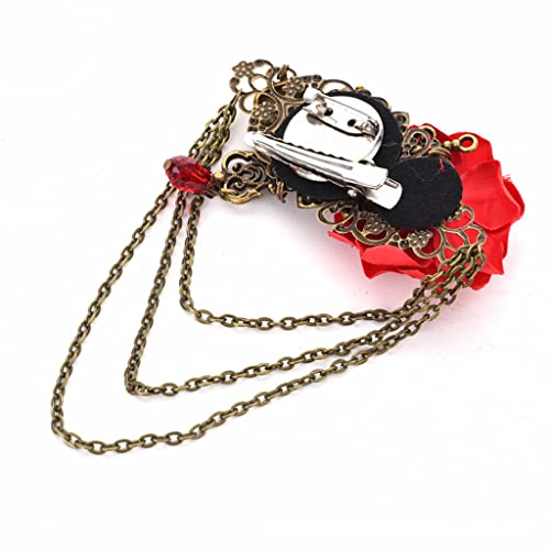 Vintage Punk Rose Hair Clip Skull Cross Long Chain Brooch Pin Gothic Lolita Headpiece For Halloween Costume Hair Accessories #TOP1