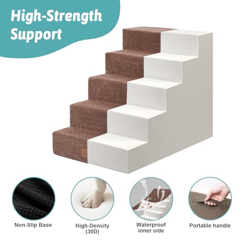 Image of COZY KISS Dog Stairs for Small Dogs 5-Step, 19.7 inch Extra Wide Right-Angle Pet Stairs for Couch and Beds, Anti-Slip Dog Steps for Old Cats and Lowrider, 19.7x29.5x23.6 inch, Brown
